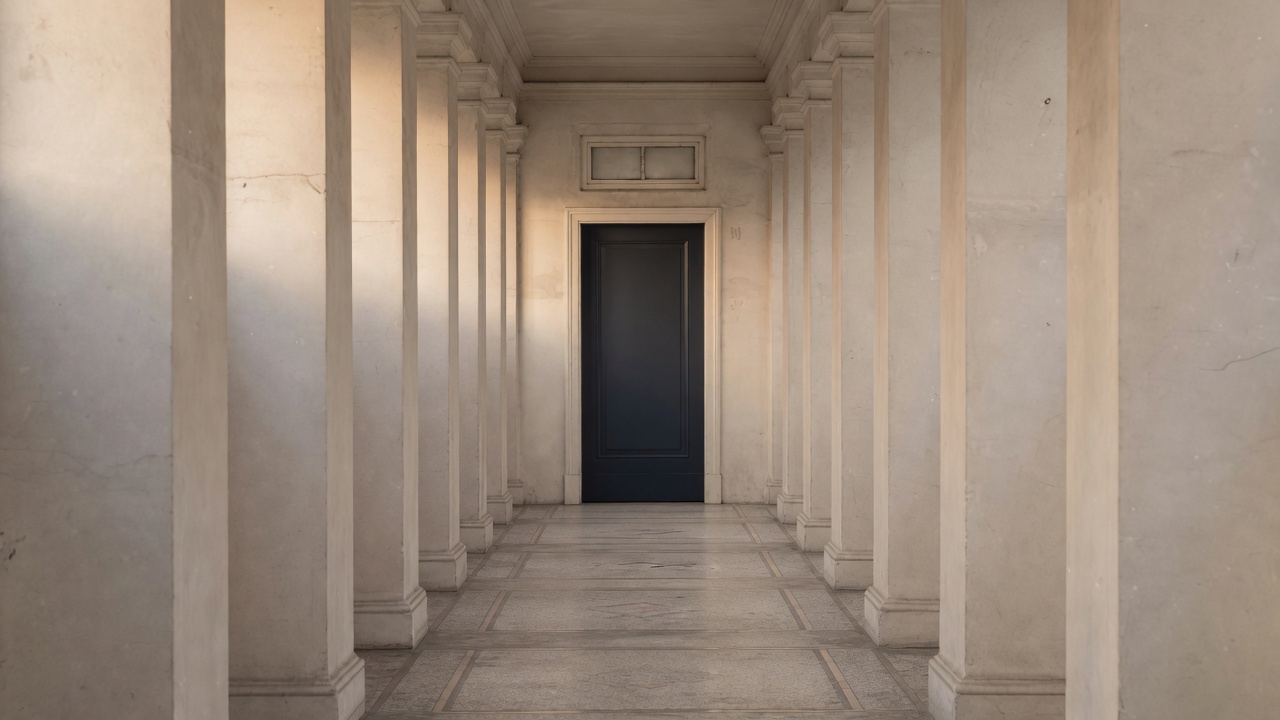 A long plaster colonnade ending at a navy door, champagne light on the columns