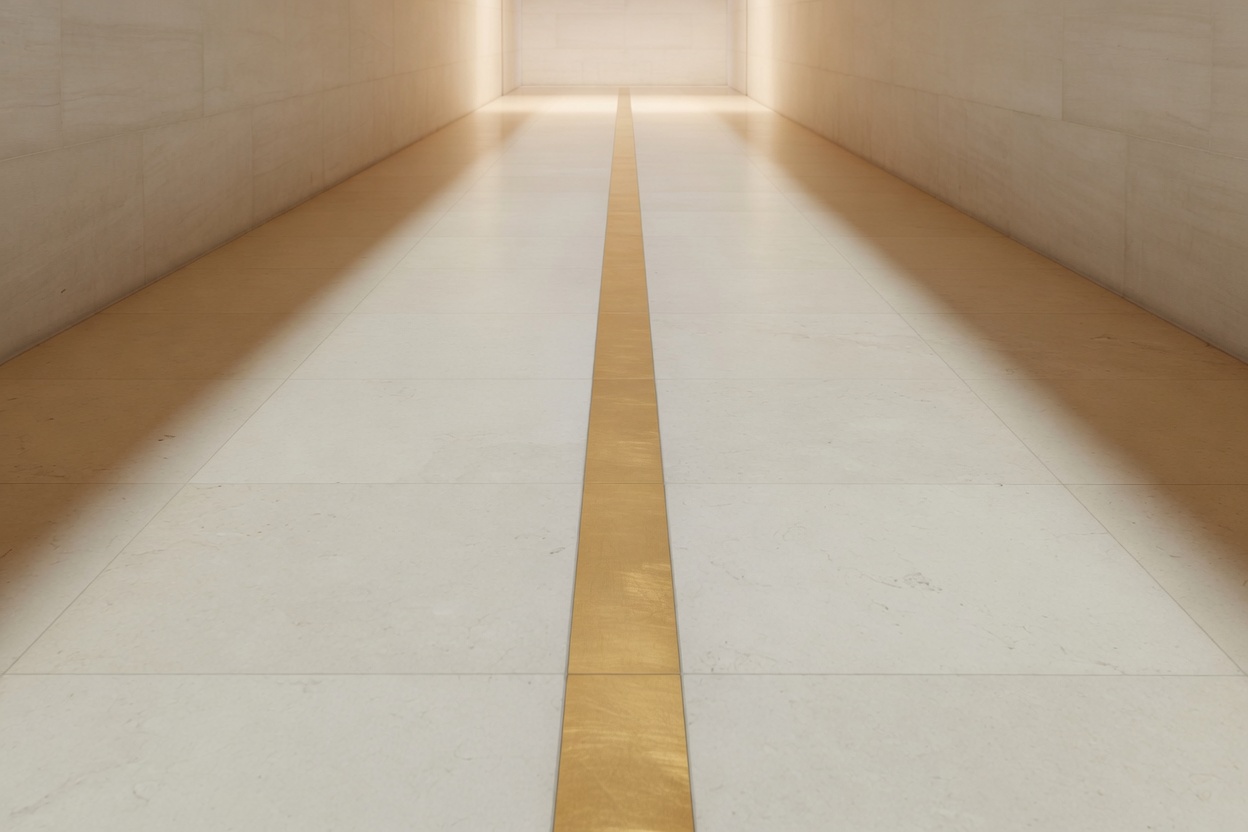 A pale stone floor with a muted-gold path continuing into the distance