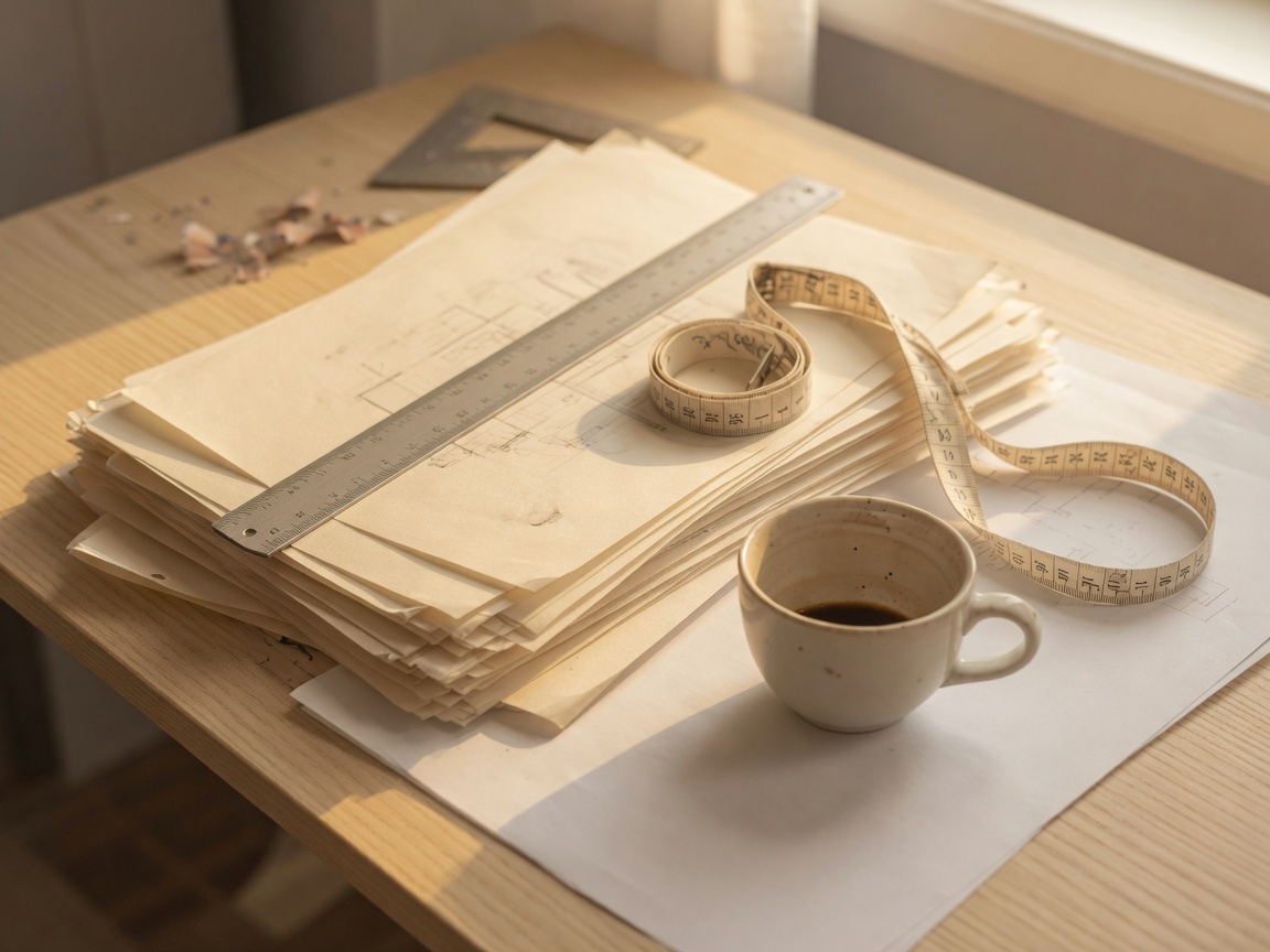 Papers, a silver ruler, and a cup on a pale worktable in cool daylight