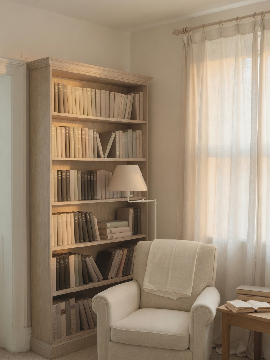 A quiet reading corner with pale shelves and a linen chair