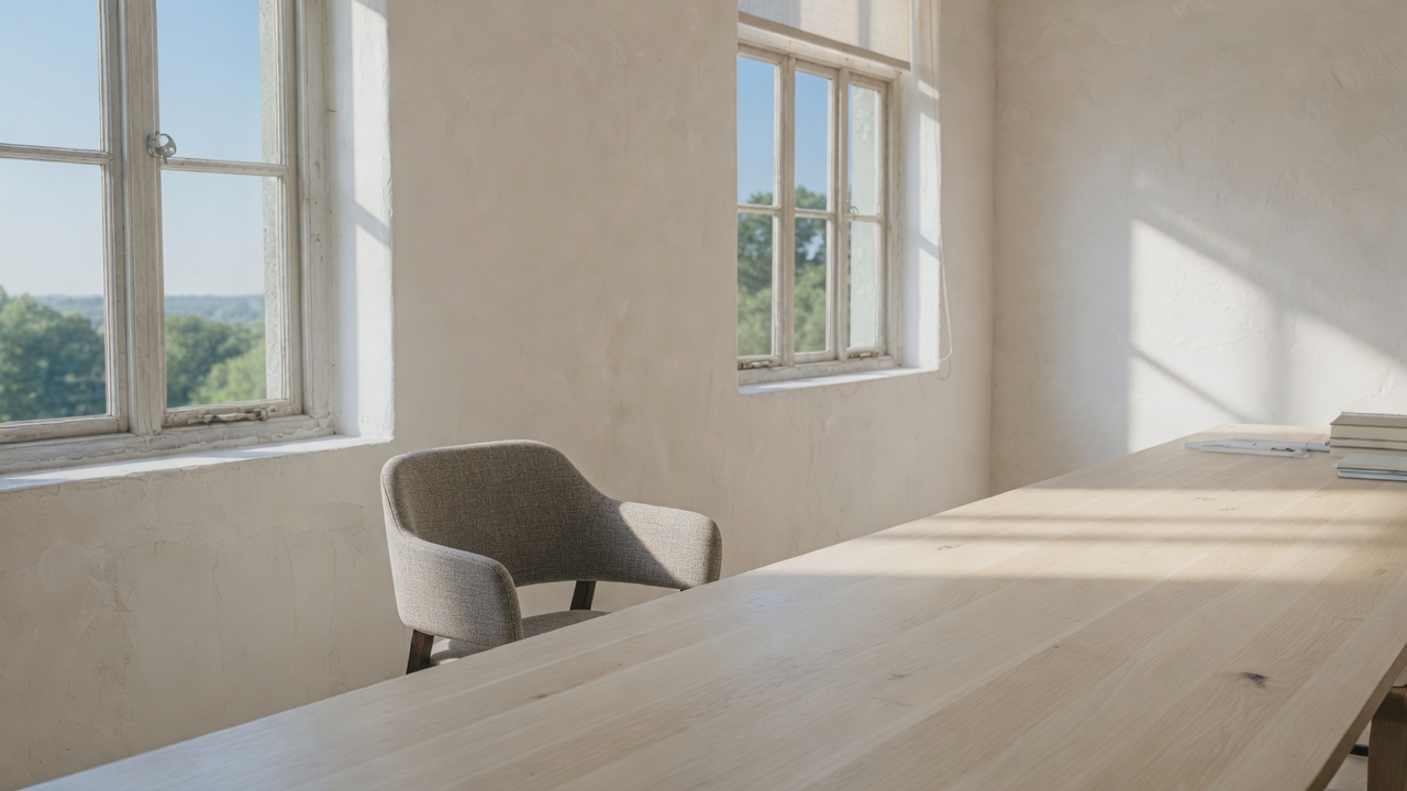 A pale table and a single stone-gray chair beside tall windows