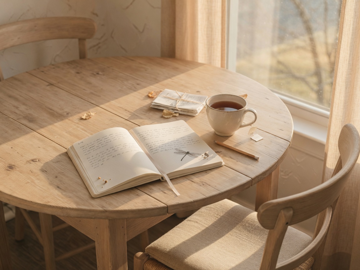 A round pale table by a window, an open notebook, tea, and a blush chair