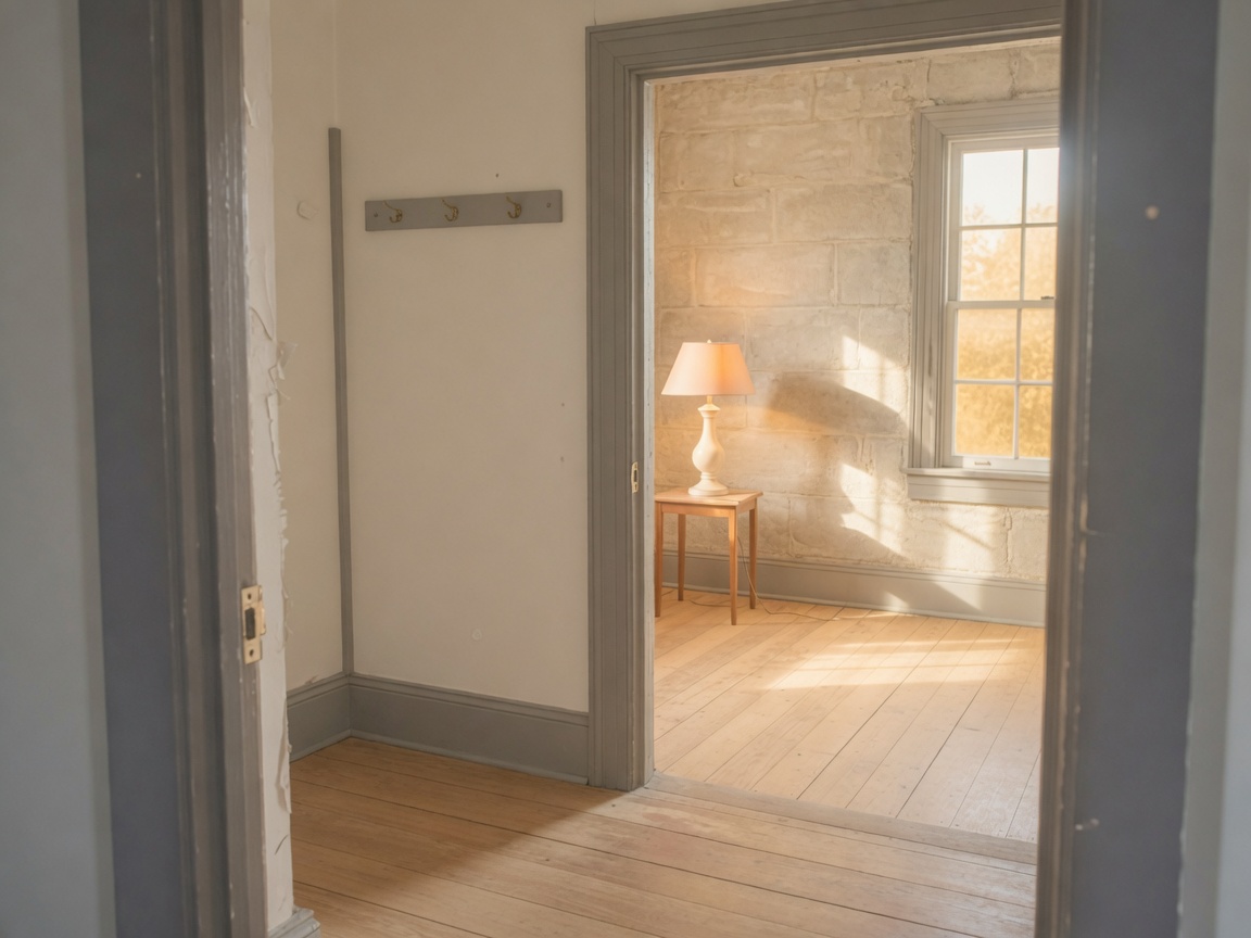 A veiled doorway opening onto a champagne-lit room with a ceramic lamp